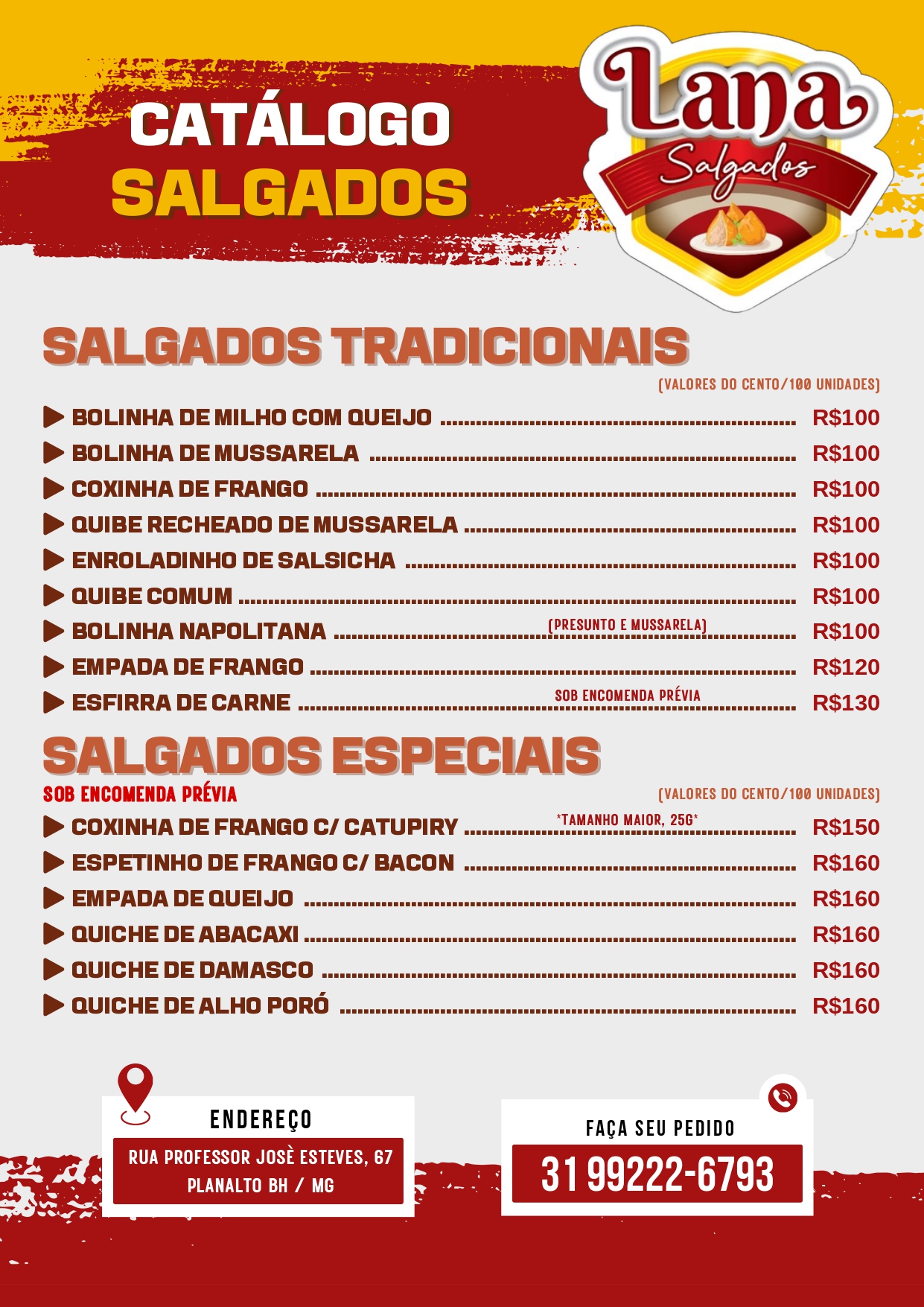 Cento de salgado festa - cardápio tradicional Lana Salgados